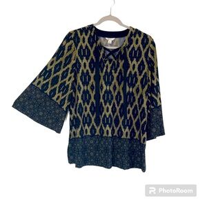 Cato Est 1946 Womens Blouse Top S Geometric Green Black Flare Slv Career Party